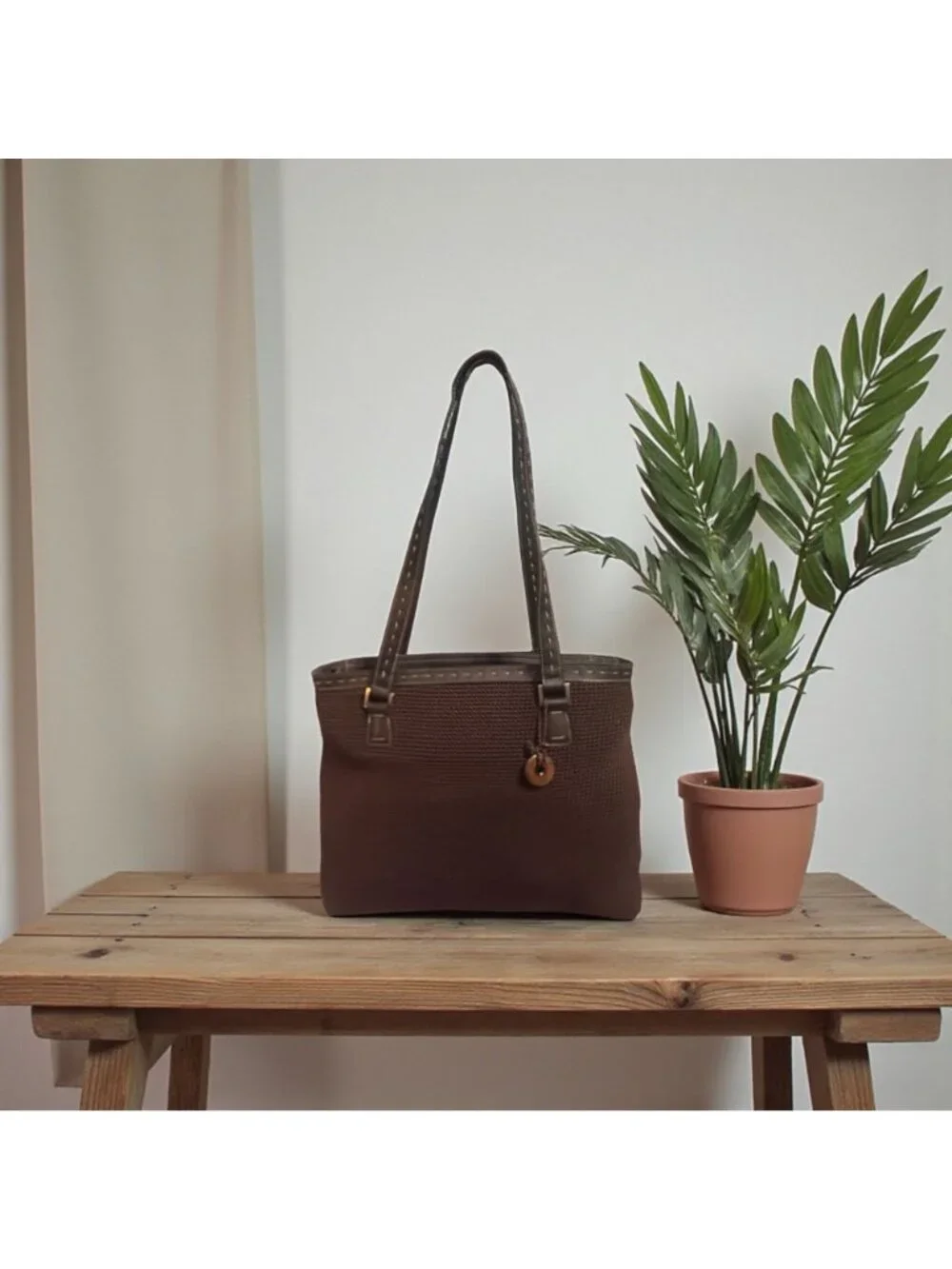 The Sak Shoulder Bag Brown Nylon Crochet Tote with Whipstitch Accent + Bag Charm - Picture 2 of 9
